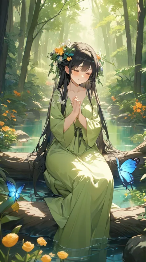 One Girl、Calm expression、Long black hair、Spirit Costume、Flowing pose、A gentle smile、Peace of mind、Harmony with Nature BREAK Morning Light、(Soft glow):1.3、Warm colors、Serene atmosphere、Natural beauty、A relaxing space、Fantasy Art Style BREAK Fantastic Forest...