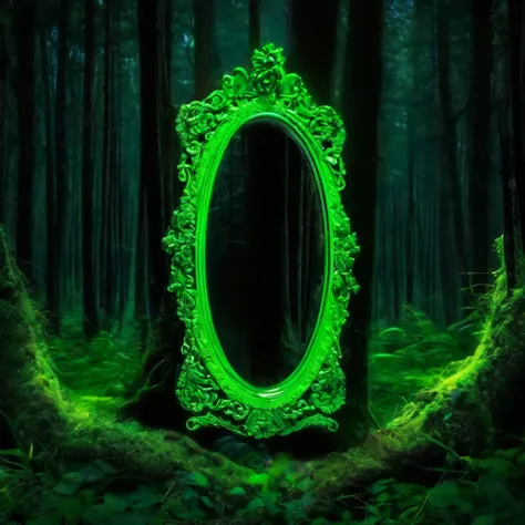 mirror、Oval、Dark fantasy、The forest is reflected、Aura is green