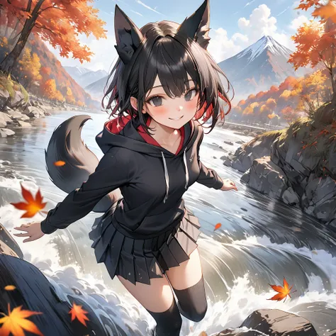 (Best Quality),(masterpiece),(Super detailed),(8k),(32K),One fox girl、Black Eyes、Short black hair、Black fox ears、One black fox tail from his waist、smile、blush、(Small breasts:1.3)、Black hoodie、black pleated skirt、Thighs、Black knee socks、Beautiful River、brea...