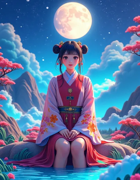 [Vision:1.0]，[Wide Angle:1.0]，1 super cute girl，moon，Black Hair，Sitting，night，Sky，Osmanthus fragrans，Full Moon，Hair Bun，Hair accessories，Double bun，cloud，Smile，solo，Night Sky，water，Star（Sky），Red Shoes，Chinese Hanfu，Open your mouth，black eyes，Wide sleeves，B...