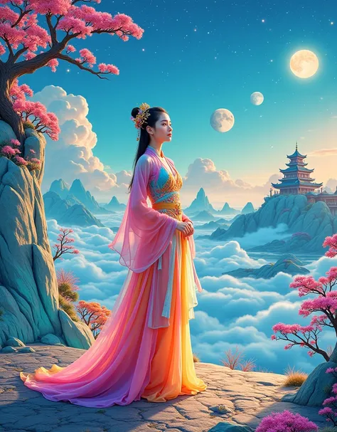 [Vision:1.0]，[Wide Angle:1.0]，(Poster Design:1.9)，Three-dimensional ancient style，Vivid Chinese Aesthetics，Elegant ancient Chinese fairy，Chang&#39;e，Holding moon cake in hand，Moon Rabbit，Starry Sky，Osmanthus tree，A woman in a gorgeous rainbow Hanfu dress s...