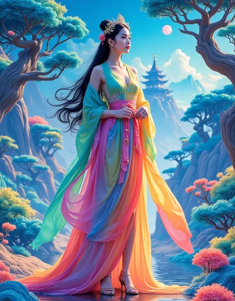 [Vision:1.0]，[Wide Angle:1.0]，(Poster Design:1.9)，Three-dimensional ancient style，Vivid Chinese Aesthetics，Elegant ancient Chinese fairy，Chang&#39;e，Holding moon cake in hand，Moon Rabbit，Starry Sky，Osmanthus tree，A woman in a gorgeous rainbow Hanfu dress s...