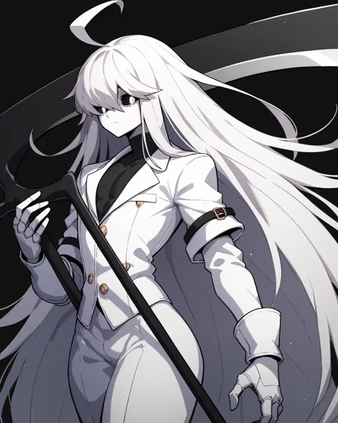 1male, solo, bigchest, feminine, white skin, white eyes, black sclera, ahoge, absurdly long hair, white hair, expressionless, white gauntlets, Holding Scythe, black scythe, inky scythe, hair over eyes, hair between eyes, (white jacket:1.1), Electric, energ...