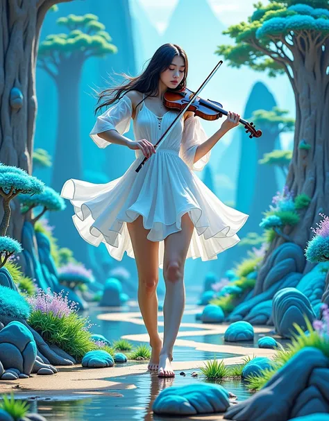 1 girl，beauty，white dress，dance gracefully，playing the violin，hyper-reality，站在hyper-reality和梦幻般的天空中的新月上保持平衡，inspired by weird vi...