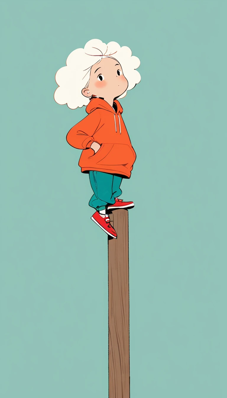 Ewa Poklewska-Koziełło in style of Mike Azevedo，Cartoon graffiti ， standing on a wooden stake looking into the distance，White Cloud，Fear of heights，whole body, Solid color background