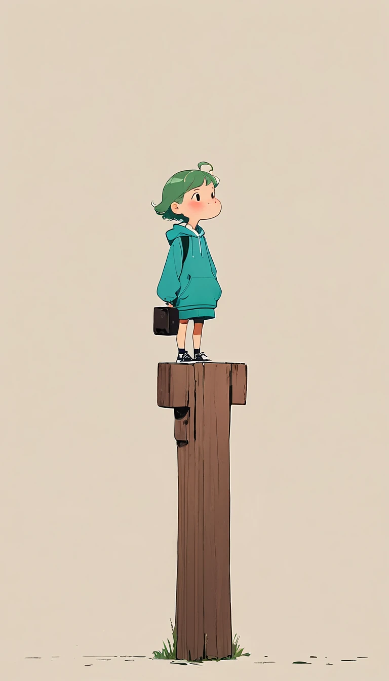 Ewa Poklewska-Koziełło in style of Mike Azevedo，Cartoon graffiti ， standing on a wooden stake looking into the distance，White Cloud，Fear of heights，whole body, Solid color background