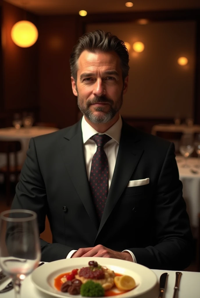 a 40 year old handsome man sitting at a restaurant, elegant man in a suit, sitting at a table in a fine dining restaurant, sophisticated gentleman, well-dressed, calm and confident expression, high-quality portrait, award-winning portrait photography, dram...