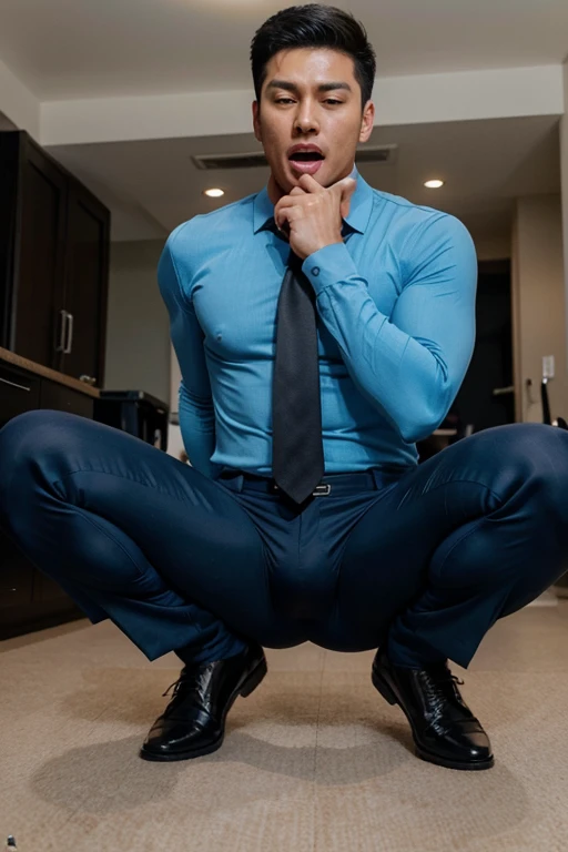 Asian young hunk guy, very short hair, He is swimmer,He is very handsome, he wears a tight sky blue dress shirt , He wears a tight navy suits pants,He wears a long black tie, his legs open maximum, He is squatting down on a dildo ,the dildo is standing on ...