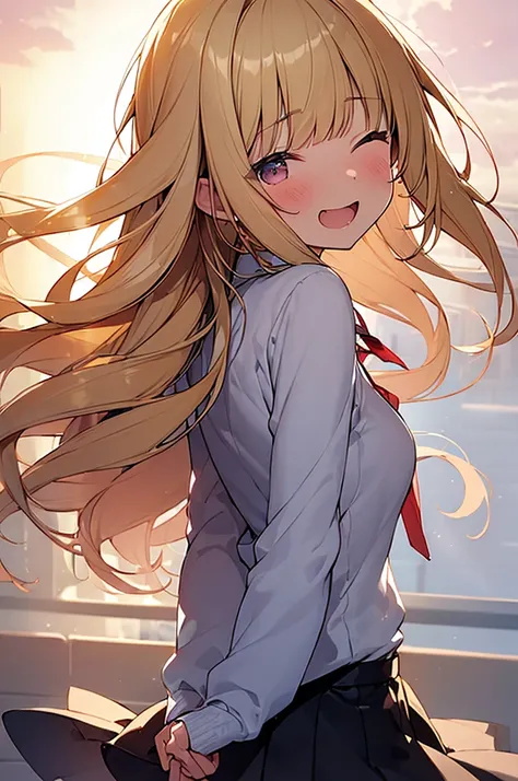 (Masterpiece, Top quality:1.5), (nsfw:1.2), beautiful girl:1.2, solo:1.3,  (blonde hair:1.2), (long Hair:1.2), wavy Hair, (blunt bangs:1.2), swept bangs, airy hair, medium breasts, standard weight, smile:1.5, (blush:1.3), cardigan, white shirt, pleated ski...