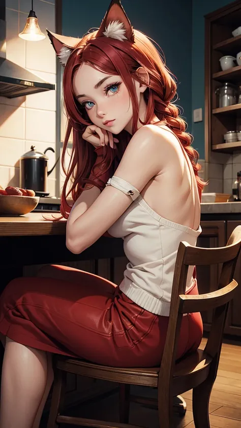 (high resolution, upper body, soft skin:1.2),(best illustration,masterpiece:1.2),ultra-detailed,[(cat ears , red inside:1.2, red braided hair, blue cat eyes),vivid colors,sharp focus, yellow off the shoulder sweater dress, kitchen background,  low lighting...