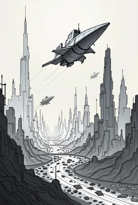 Futuristic Earth, expanding cities and technological advances. in the sky, spaceships are seen, Taking off into the unknown. Darker and more linear perspective and semi-linear cyberpunk comics style sketch mode