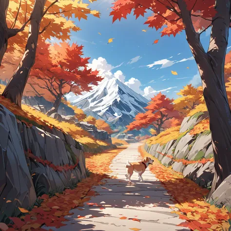 A mountain path covered with red and yellow fallen leaves, There are maple trees around々A lot, Walking Dogs, atmospheric perspective, anime style, super detail, anatomically correct, masterpiece, UHD, accurate, high quality, award winning, best quality, hi...