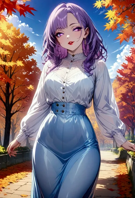 Young beautiful woman,(Best Quality,Extremely detailed depiction,Incredibly absurd high definition,Anatomically accurate,Beautiful legs,Detailed pupil,Porcelain-like skin),(Casual light-colored fall outfits,Maxi Skirt,tights,shoes),(Purple Eyes,eyelash,A s...