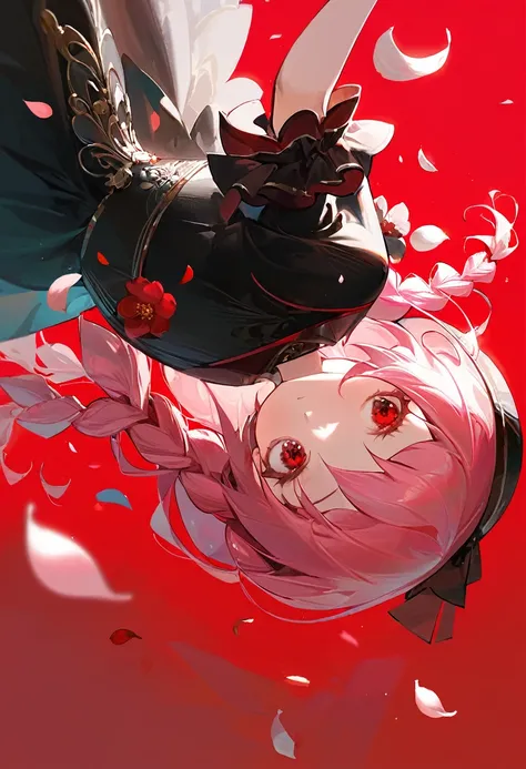 masterpiece, (aesthetic style:0.7), 1 girl, Alone, looking at the viewer, Braid, pink hair, cabello flotante, from below, long hair, black dress, short mangas, red flower, collections, closed mouth, red eyes, Gradient background, Petals