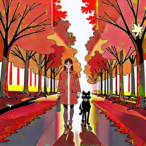 A mountain path covered with red and yellow fallen leaves, There are maple trees around々A lot, Walking Dogs, atmospheric perspective, anime style, super detail, anatomically correct, masterpiece, UHD, accurate, high quality, award winning, best quality, hi...