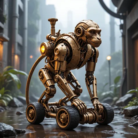 IMAGINE A GOLDEN MECHANICAL MONKEY EQUIPPED WITH WHEELS AND A HEADLIGHT COMING OUT OF ITS BACK
