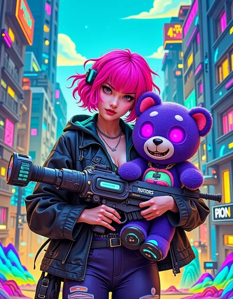 Generate a charismatic、Image of a character with vibrant pink and purple hair, The character is often depicted holding an oversized, Futuristic cannon，Accompanied by a fierce plush teddy bear with glowing eyes, The character should have a desperate express...