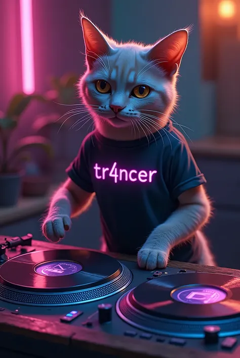 cat with T-shirt, inscription "Tr4ncer" and the turntables, she plays Classic Trance

