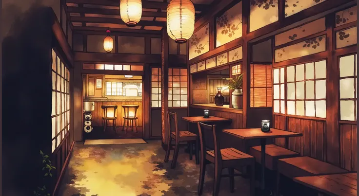 ultra-detailed illustration of traditional japanese cafe, asian cafe, dark wooden walls, lanterns, indoor, watercolor, sketch style, rough, masterpiece, best quality, very aesthetic art, no human, no animal, no photorealistic, beautiful background