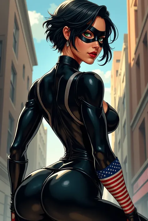 comic image, female heroine, Short black hair, green eyes, Super tight black latex suit that highlights your body, wide round hips, her round and large breasts, low-cut suit, with a black mask, with the American flag on his right arm, Full body image, from...