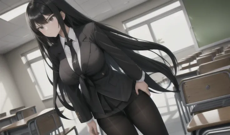 Black long hair female student，Huge Breasts，slim figure，open collar shirt，tie，underwear，thigh，black pantyhose,，Standing，classroom，contemptuous look, serious, High resolution, 