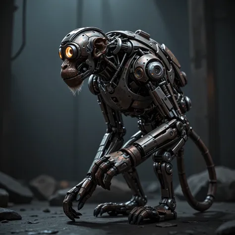 a mechanical monkey with wheels and a headlight on its back, highly detailed, intricate mechanical design, gears, pistons, and other mechanical parts, glossy metallic finish, realistic lighting and shadows, cinematic composition, dramatic lighting, moody a...