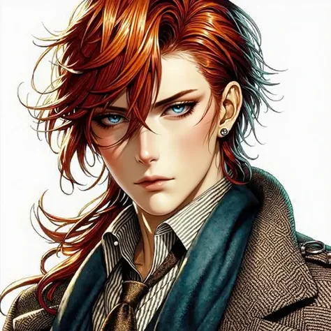 A tall, handsome man, with beautiful red hair and intense yellow eyes, wearing stylish clothes, not manga style, with the design of Takehiko Inoue.