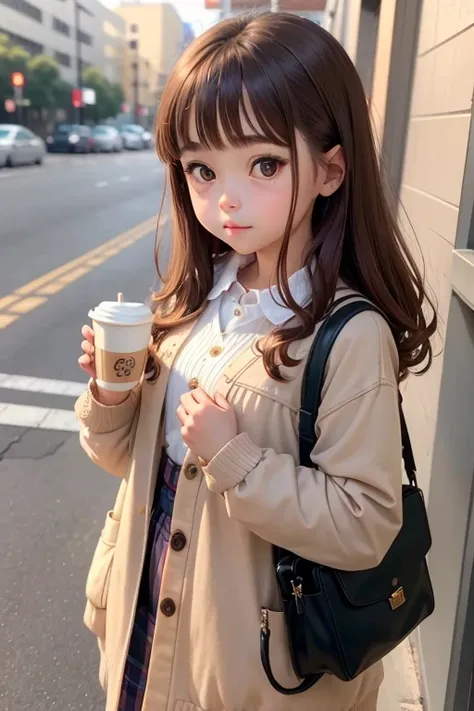 there is a young girl holding a cup of coffee in her hand, girl cute-fine-face, cute natural anime face, with cute - fine - face, sakimi-chan, Chiho, Yoshitomo Nara, young cute face, beautiful japanese girls face, brown hair and large eyes, cute kawaii gir...