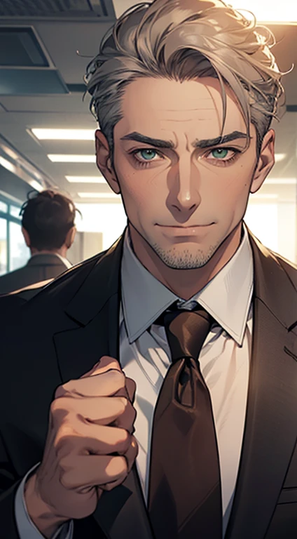 a middle-aged man with beautiful skin, a very handsome face, an impassive yet passionate smile, short brown and gray hair, sharp green eyes, a perfect face, a businessman, CEO, in an office background, cinematic lighting, HDR image, usando óculos.