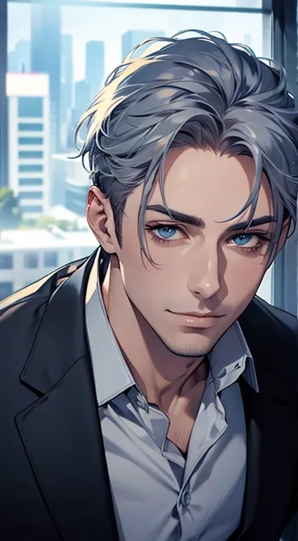 (best quality,4k,8k,highres,masterpiece:1.2),ultra-detailed,(realistic,photorealistic,photo-realistic:1.37),1 man,31 years old,mature man,very handsome,without expression,smile,short grey blue hair,blue eyes,penetrating gaze,perfect face without errors,imp...