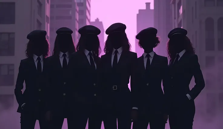 Me dê uma imagem de background minimalista, without many details, that refers to the idea of (6 women), (don&#39;t show their faces), in 80&#39;s mafia clothes, with beret, in the city of the 80s. dark image with slight purple tones