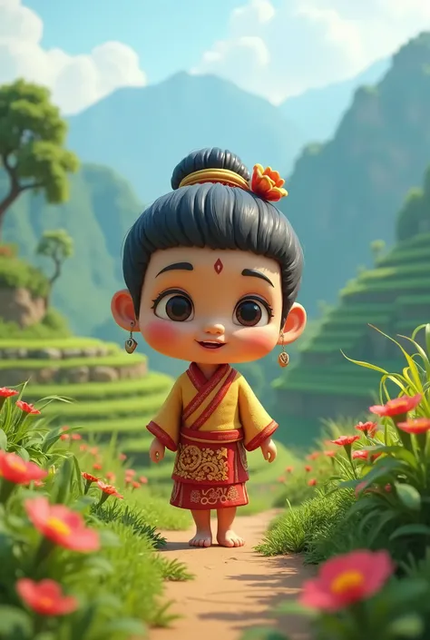 a  from the Thai ethnic group, in a 3D chibi cartoon style, walking in the terraced fields, hills, and valleys of the Northern Midlands and Mountains.