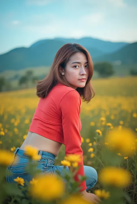 evening scene, Portrait Thai woman, red 90s crop top, shot by analog camera, film analog, Kodak pontra 800, 90s, yellow flower valley, blue sky, twilight time,
