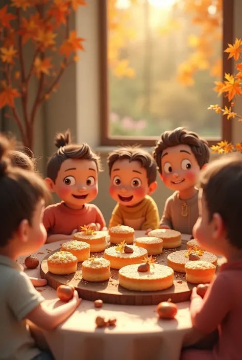 3D Animation、chestnut、Mont Blanc Cake、Autumn sweets made with chestnuts、There are many on the table、Cute children smiling around the table、A heartwarming scene、16K Quality