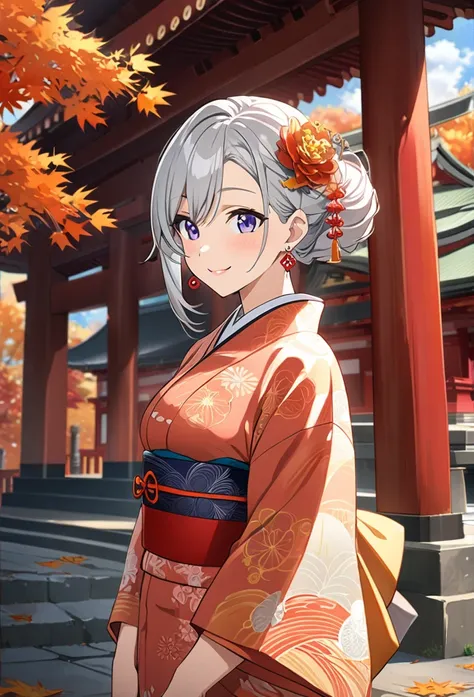 One girl, High resolution, Look at, smile, Adult Style, Textured skin,Silver Hair, Earrings, amount, anime, Temple, kimono, Beauty, young, fine, Head to waist, fun, autumn, Upstyle