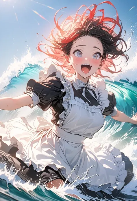 (8k, Best Quality, masterpiece: 1.2),Ultra-high resolution, 1 person, solo,Highly detailed face, Apron dress, Black Dress, White apron, black and white maid outfit, Random Hairstyles, Gay Hair, surfing, sea, Wave, sunlight, Ecstatic expression, Splash, Ove...