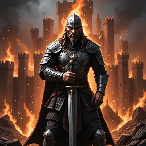 Create a high-quality, perfectly textured CG anime T-shirt design featuring a medieval knight leaning on his sword with a burning castle in the background. The knight should have perfect anatomy and detailed features, including polished metal armor that re...