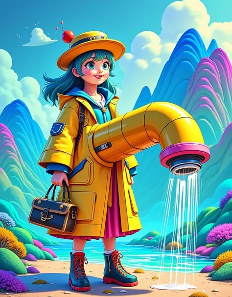 Imagine a mascot in the form of a vibrant fun-colored faucet. In a playful and whimsical style, the faucet mascot boasts exaggerated shapes and poses inimated fashion. Note that this scene should appreciate the medium of digital painting, using bold brushs...