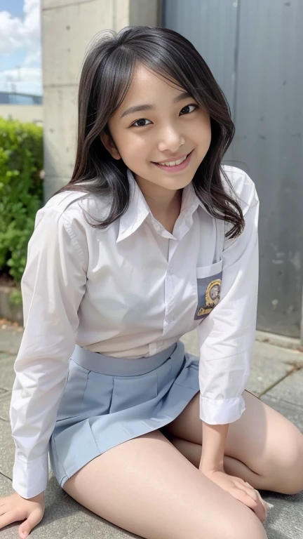 Young sweet beautiful school girl, slim body, very georgeus face, , wearing Indonesian white and grey uniform, long sleeve shirt, grey kneel long skirt, sassy girl,  wavy short hairs, siting down relax on side walk cheerful going to the school in the sunny...