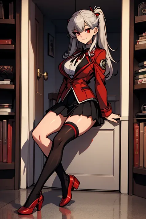 female, silver long messy hair, red eyes, (((1girl))), (((red blazer))), (black pleated skirt), (white socks), (black Mary Jane shoes), (black ribbon), cute and sexy, full body, big breasts, long legs, smiling