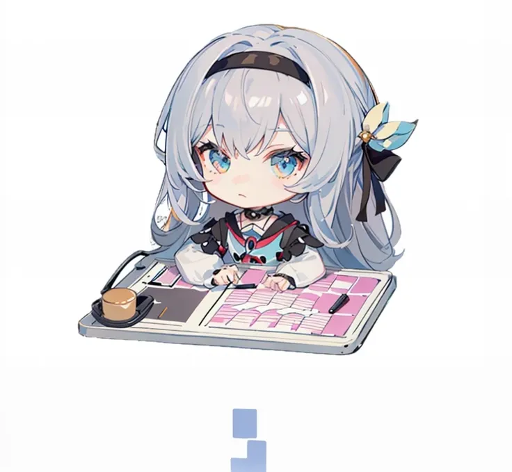 Anime girl with long hair and blue eyes sitting in front of the keyboard, from Girls Frontline, Fleet Collection Style, Girls Frontline style, From arknights, From the game Azur Lane, Fine details. Complete arm