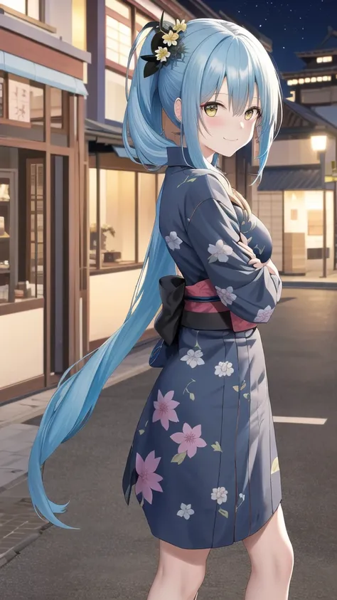 masterpiece, best quality, highres, rimuru tempest, blue hair, long hair, medium breasts, black flower yukata, black yukata, cleveage, breast out, cowboy shot, standing, looking at viewer, city road, outdoor, modern city road, blush, shy, smile, closed mou...