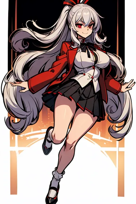 female, silver long hair, red eyes, (((1girl))), (((red blazer))), (black pleated skirt), (white socks), (black Mary Jane shoes), (black ribbon), cute and sexy, full body, big breasts, long legs, smiling