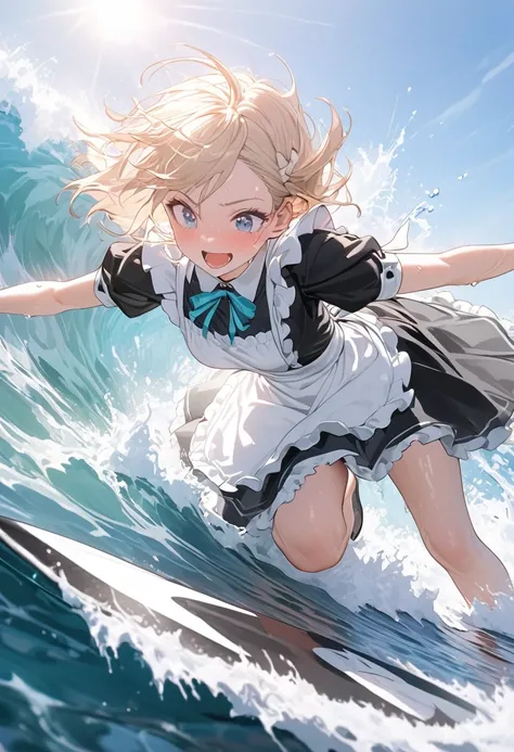 (8k, Best Quality, masterpiece: 1.2),Ultra-high resolution, 1 person, solo,Highly detailed face, Apron dress, Black Dress, White apron, black and white maid outfit, Random Hairstyles, Bob Hair, surfing, sea, Wave, sunlight, Ecstatic expression, Splash, Ove...