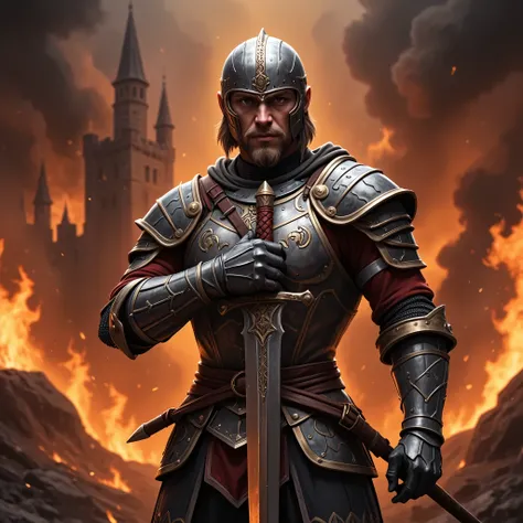 Create a high-quality, perfectly textured CG anime T-shirt design featuring a medieval knight leaning on his sword with a burning castle in the background. The knight should have perfect anatomy and detailed features, including polished metal armor that re...