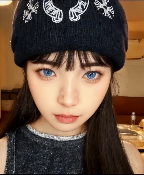 Highest Resolution,4K,Knitted hat,Face Focus:1.2,Cute face,Pale Blue Eyes,Makeup that&#39;s not too flashy,