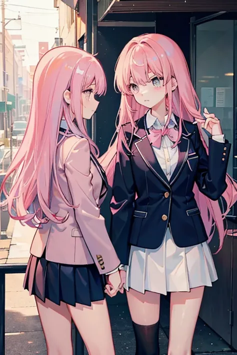 A pink-haired girl wearing a blazer-style uniform and a girl with long, fluffy chestnut hair are looking at each other.。Slender girls。Junior high school students