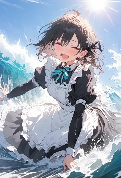 (8k, Best Quality, masterpiece: 1.2),Ultra-high resolution, 1 person, solo,Highly detailed face, Apron dress, Black Dress, White apron, black and white maid outfit, Random Hairstyles, Bob Hair, surfing, sea, Wave, sunlight, Ecstatic expression, Splash, Ove...