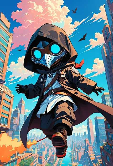 (masterpiece, best quality:1.1), (ultra highres, ultra-detailed:1.2),pop-art style,flatcolor, ((he is flying high in the sky with a jetpack on his back)),jetpack,(in bluesky above the city), BREAK chibi-boy,(scientist,(wearing plague-doctor costume,plague-...