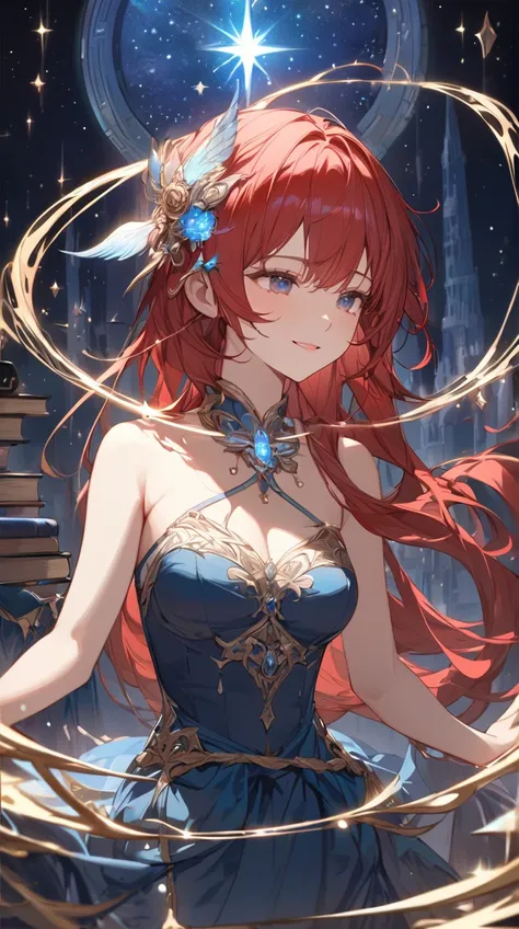 One Girl、A graceful smile、Flowing red hair、dress、Magic wand、Soft poses、Dreaming Eyes、Delicate Skin BREAK Under the Stars、(Fantastic Light):1.2、Soft glow、Mysterious colors、Dreamy atmosphere、Magical Energy、Calm space、Fantasy Art Style BREAK Magic Tower、Ancie...